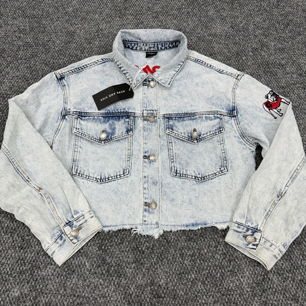 Georgia Bulldogs Women's Small Light Denim Cropped Jean Jacket - New - Picture 2 of 10